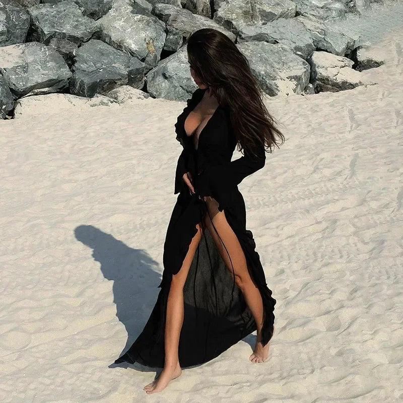 Robe de plage chic à volants pour femme, col en V, manches longues, lacets, été 2024, paréo tendance A3087