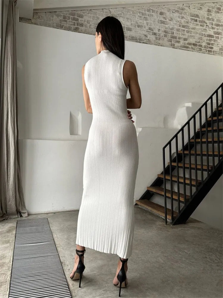 Robe longue moulante à rayures de couleur unie pour femme, sans manches, col roulé et demi-manches