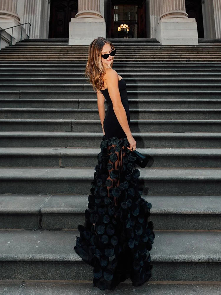 Robe tutu en tulle sans manches pour femme, tenue de soirée élégante, épaules dénudées, couleur unie, pois 3D, dentelle, coupe trapèze