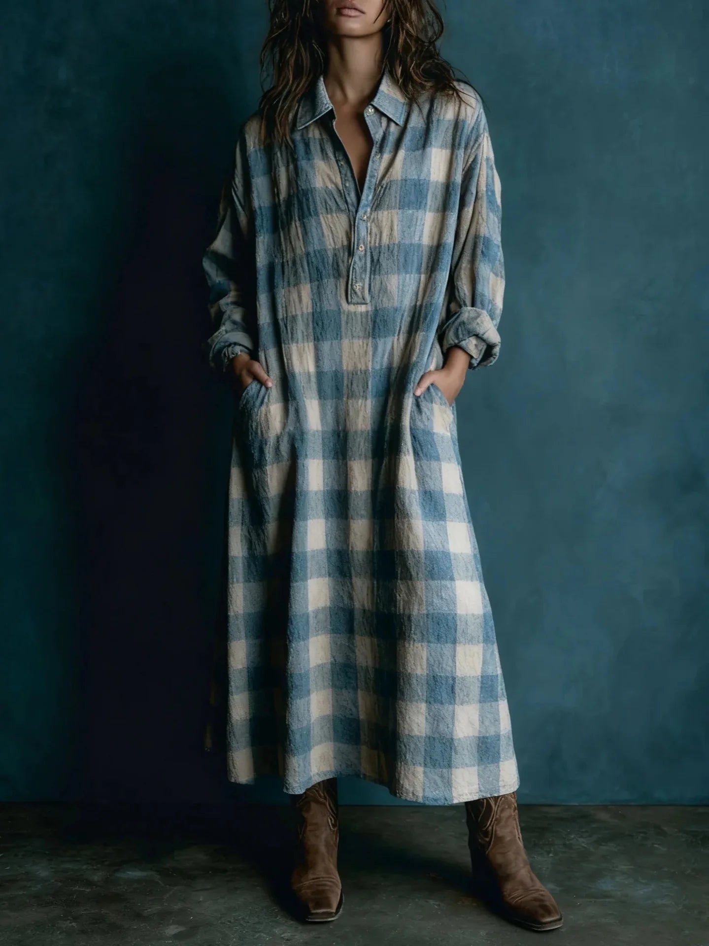 Robe longue ample à carreaux, coupe droite, poches et manches longues, idéale pour le printemps et l'automne. Jupe longue confortable et élégante pour femme.