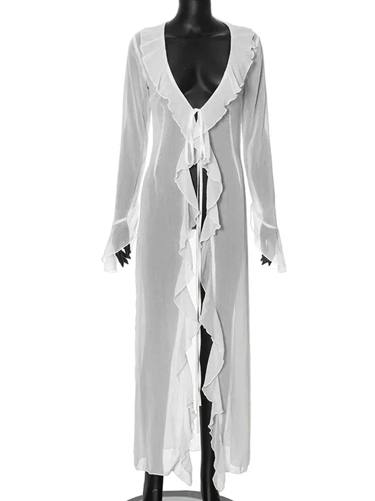Robe de plage chic à volants pour femme, col en V, manches longues, lacets, été 2024, paréo tendance A3087