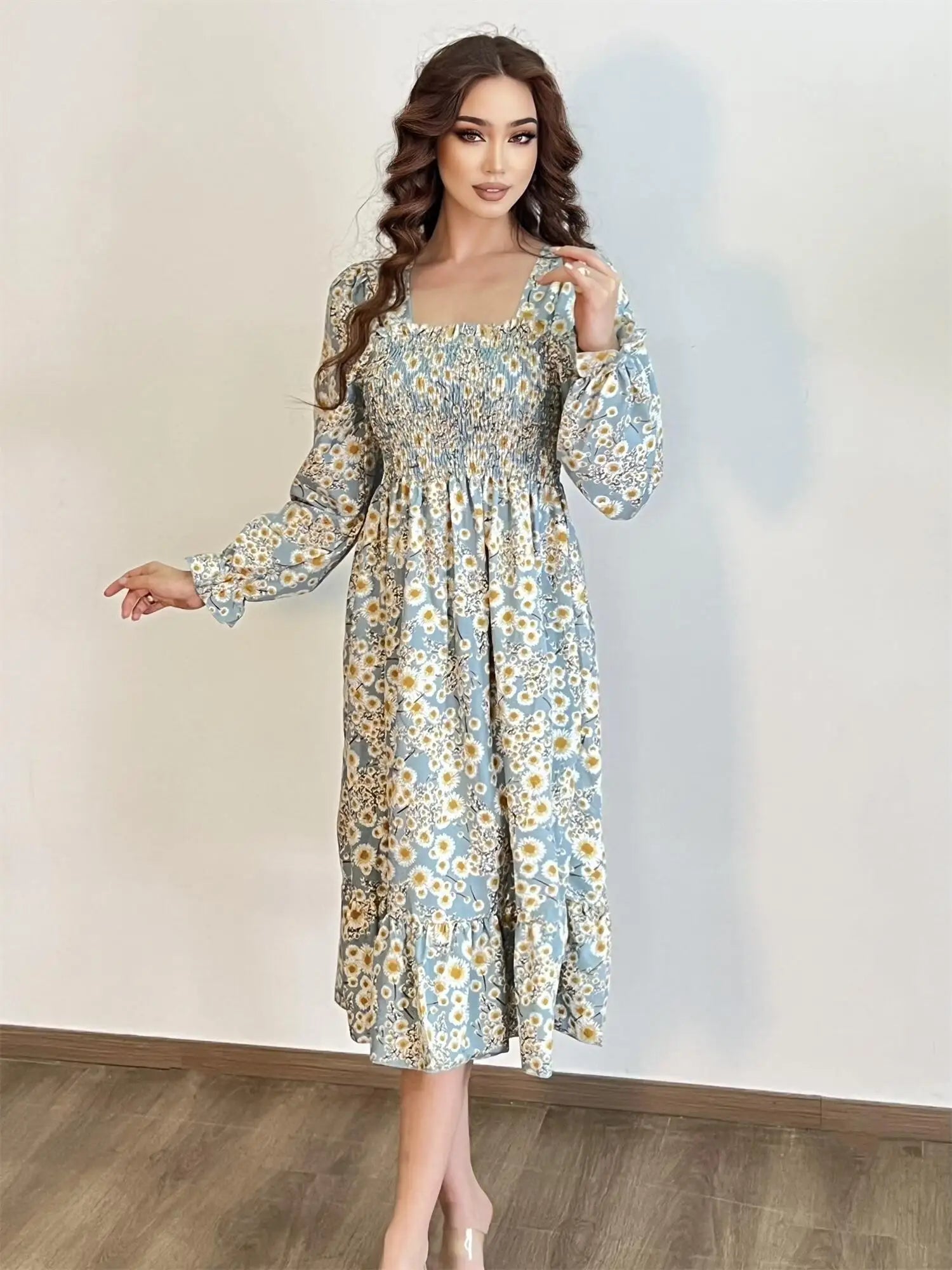 Robe décontractée en mousseline de soie pour femme, manches longues, coupe trapèze, imprimé floral, élastique sur la poitrine, lacets, mi-longue, automne et printemps