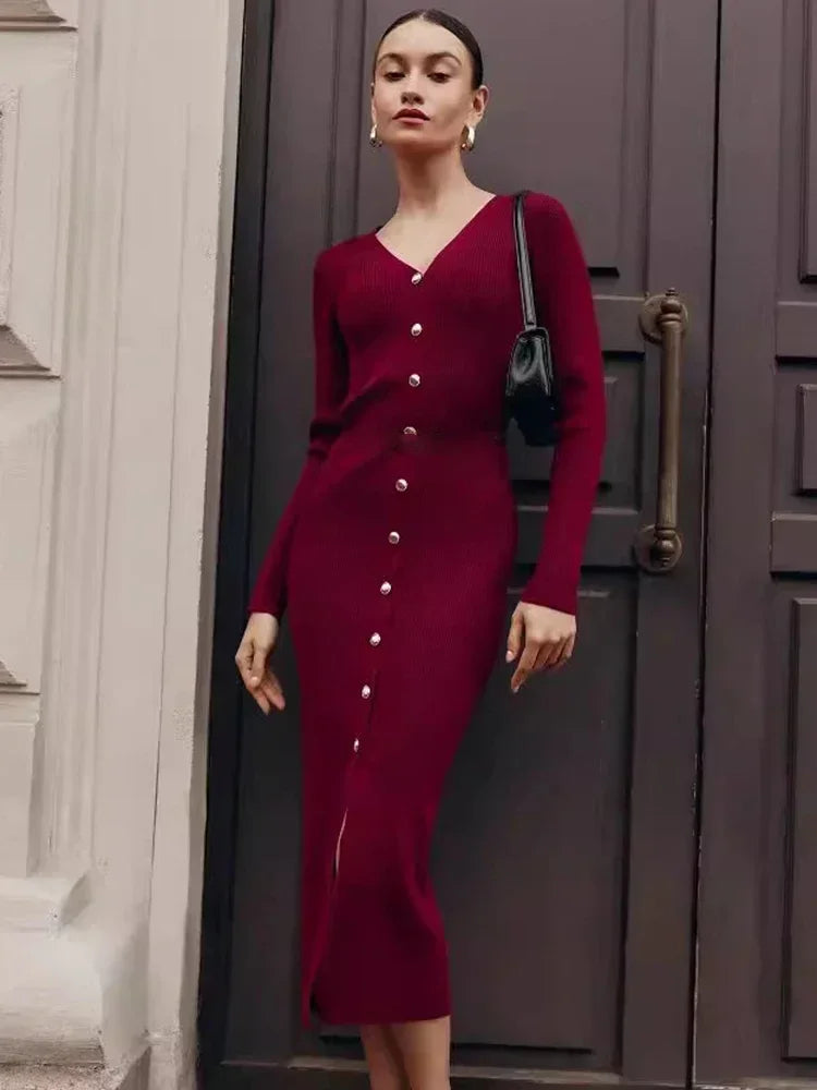 Robe de soirée élégante Trendix pour femmes, col en V, manches longues, patchwork, boutons, fente, pull, automne-hiver 2024, robe longue en tricot