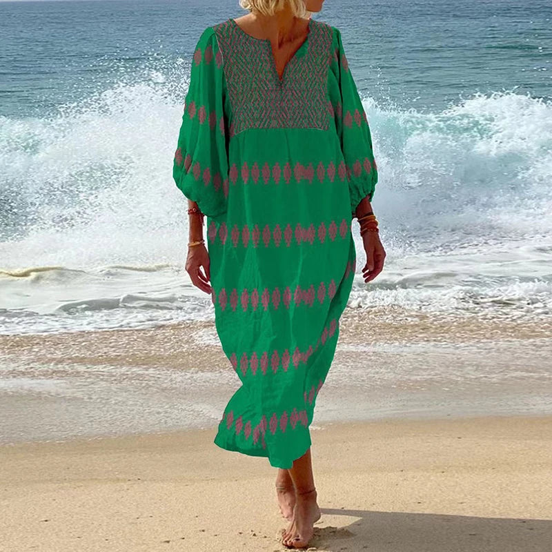 Robe longue élégante à col en V profond et manches longues pour femme, motif imprimé patchwork, style bohème, décontractée, plissée, ample, pour les vacances