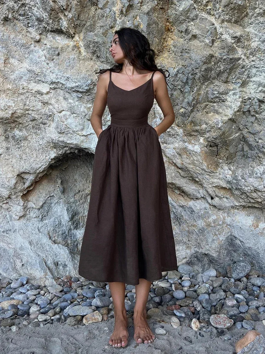 Bornladies Printemps Été Plage Style Femmes Robe Vintage Lâche A-ligne Sling Robe Sexy Fille Chaude 100% Coton Col V Robe