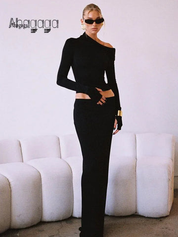 Ensemble de survêtement sexy Ahagaga pour femme, uni, manches longues, gants, col asymétrique, élégant, 2 pièces (haut + jupe).