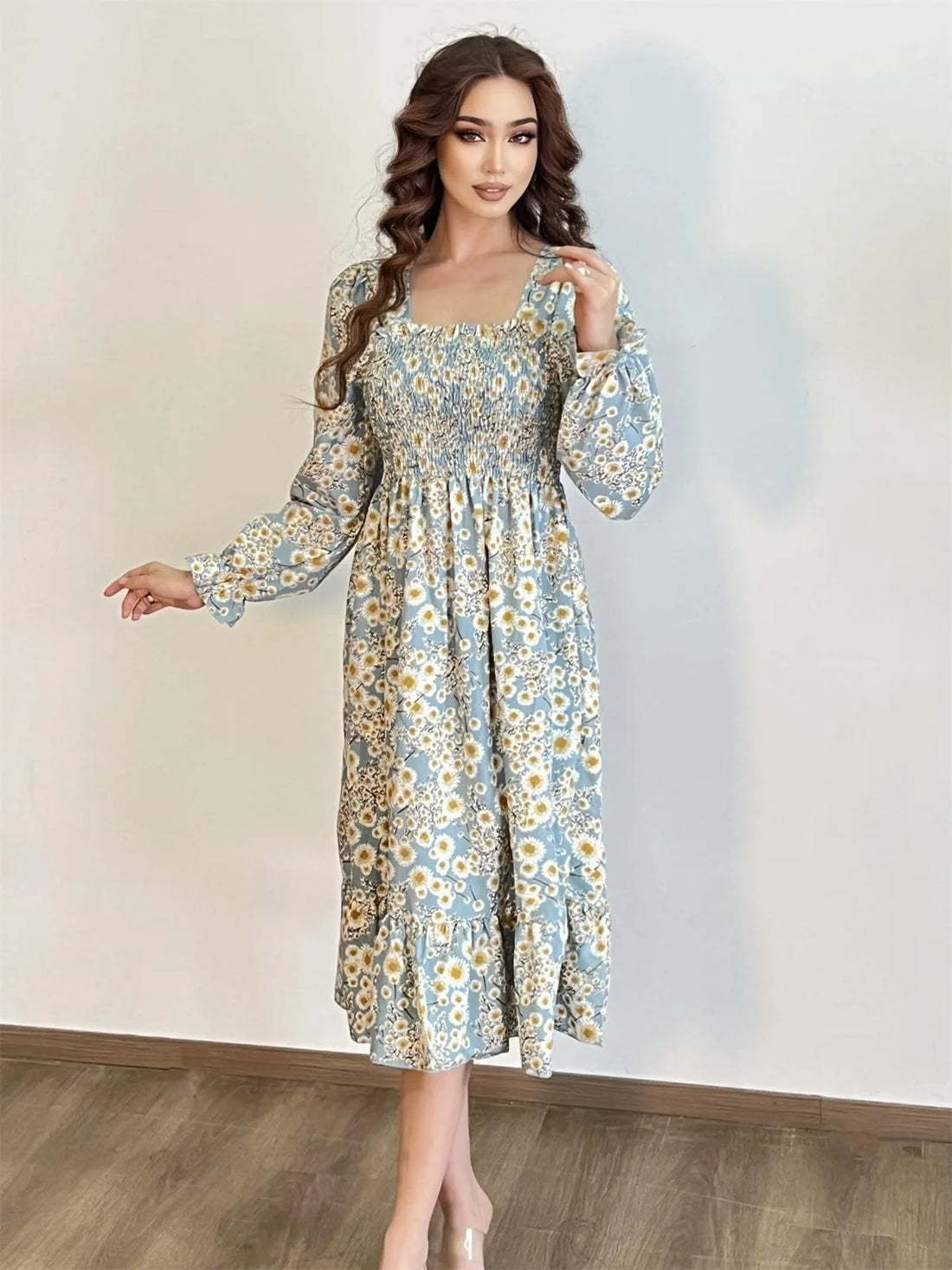 Robe décontractée à manches longues pour femmes, en mousseline de soie, automne et printemps, coupe trapèze, imprimé floral, élastique sur la poitrine, lacets, mi-longue