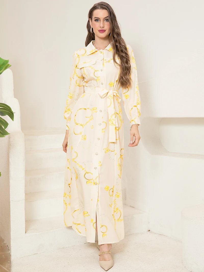 Robe chemise élégante à manches longues avec imprimé chaîne, ceinture et poche - Col sophistiqué, détails boutonnés