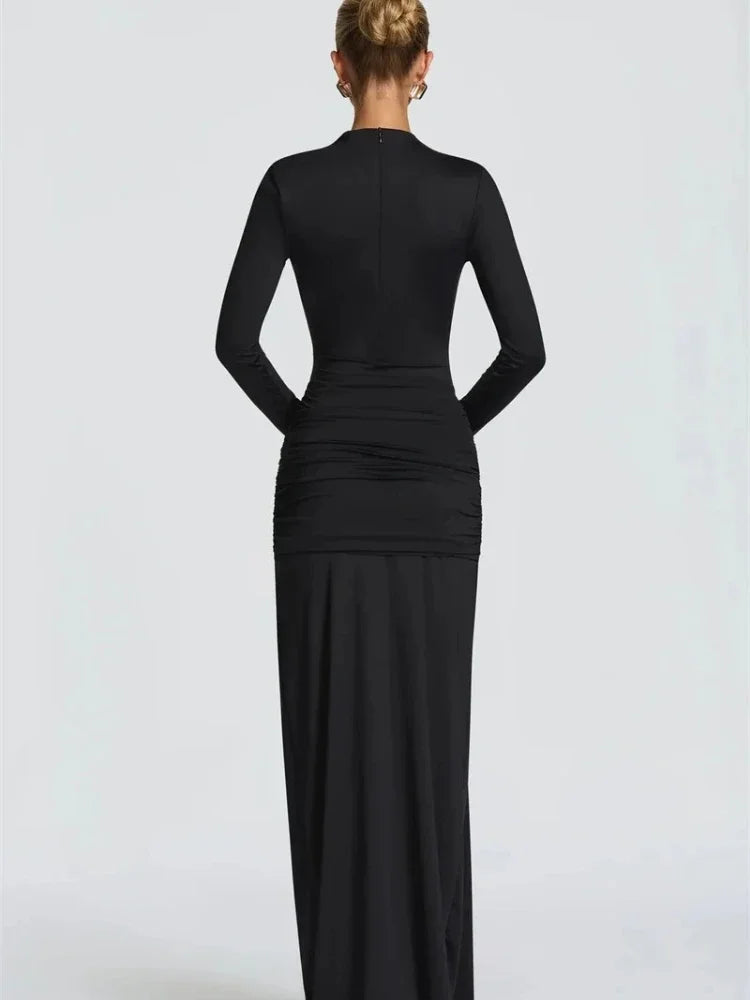 Robe longue sexy à manches longues et découpes Chaxiaoa, robe élégante pour femme, col rond drapé et froncé, coupe moulante, idéale pour les soirées en club.