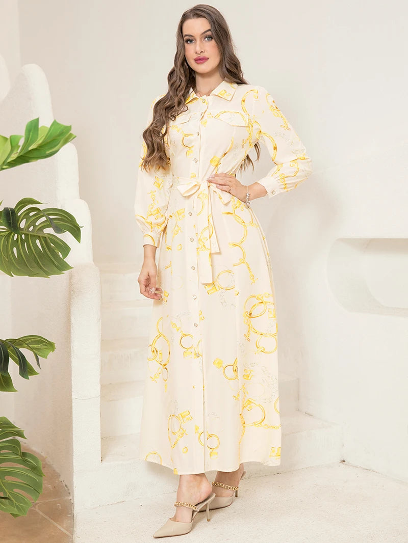 Robe chemise élégante à manches longues avec imprimé chaîne, ceinture et poche - Col sophistiqué, détails boutonnés