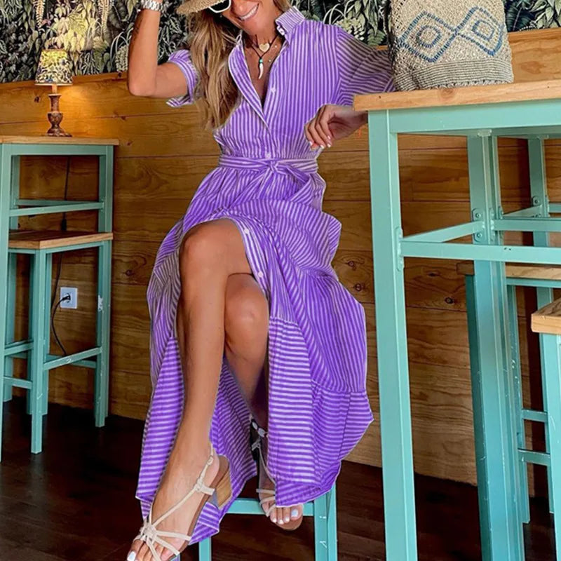 Robe longue à rayures bleues pour femmes, manches courtes, lacets, ourlet à volants, style streetwear, style bohème, vacances, bureau, robes d'été
