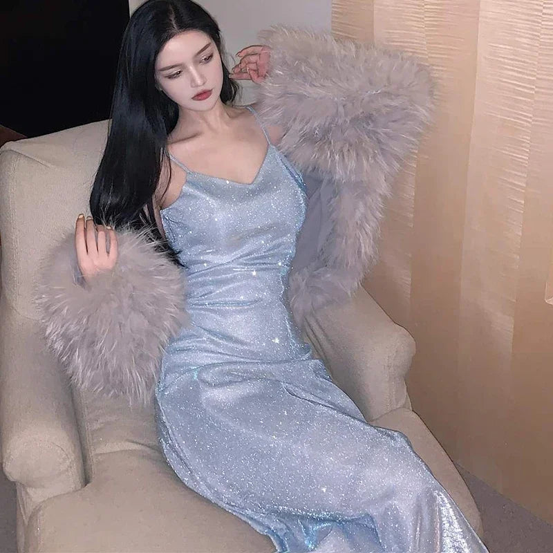 Lucyever Élégante Robe Scintillante Col V Femme Mode Coréenne Spaghetti Bretelles Robe de Soirée Dames Sexy Sequin Robe Épaules Dénudées