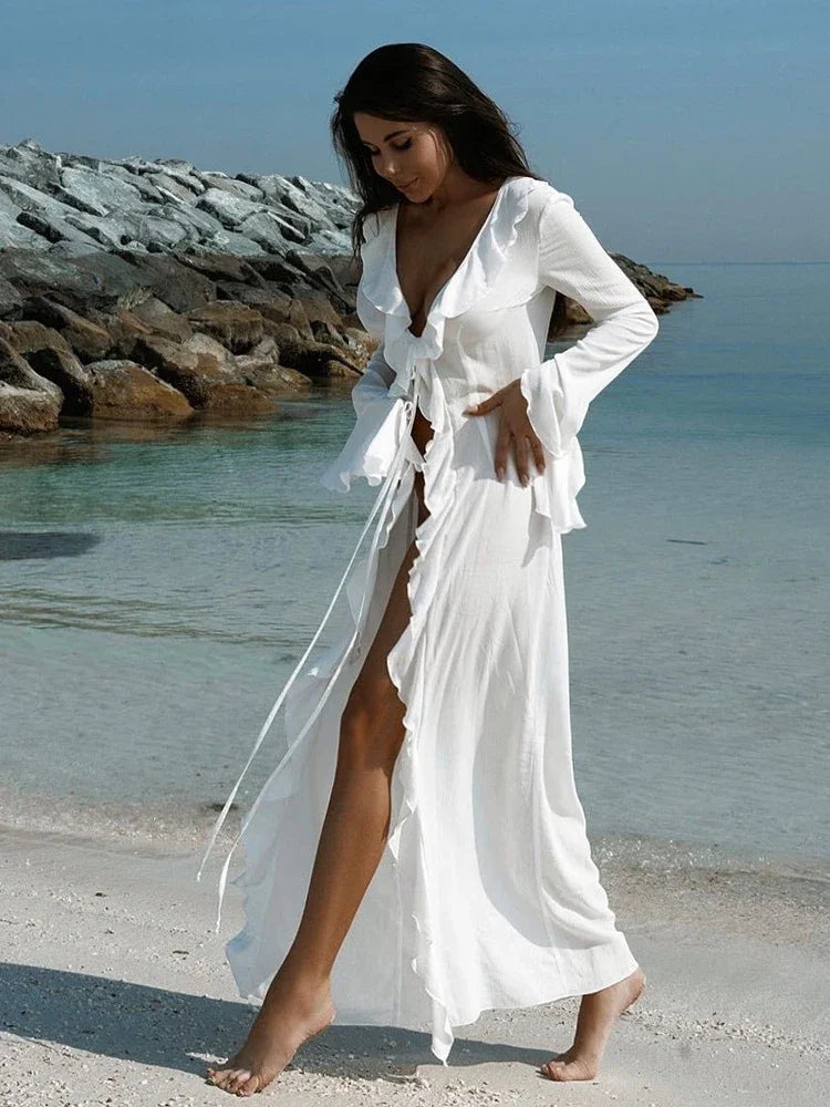 Robe de plage chic à volants pour femme, col en V, manches longues, lacets, été 2024, paréo tendance A3087