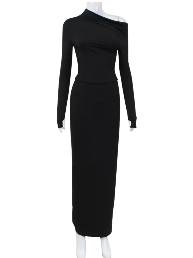 Ensemble de survêtement sexy Ahagaga pour femme, uni, manches longues, gants, col asymétrique, élégant, 2 pièces (haut + jupe).