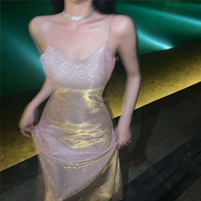 Lucyever Élégante Robe Scintillante Col V Femme Mode Coréenne Spaghetti Bretelles Robe de Soirée Dames Sexy Sequin Robe Épaules Dénudées