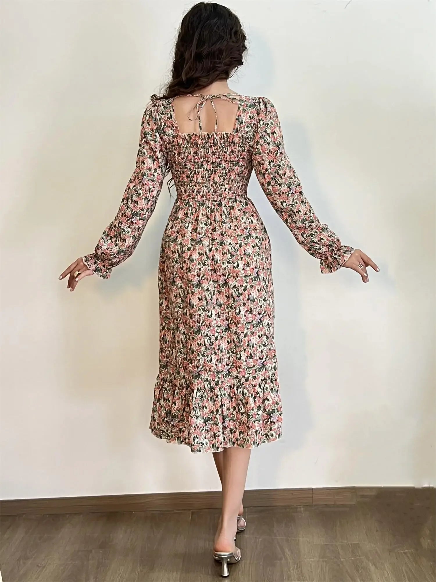 Robe décontractée à manches longues pour femmes, en mousseline de soie, automne et printemps, coupe trapèze, imprimé floral, élastique sur la poitrine, lacets, mi-longue