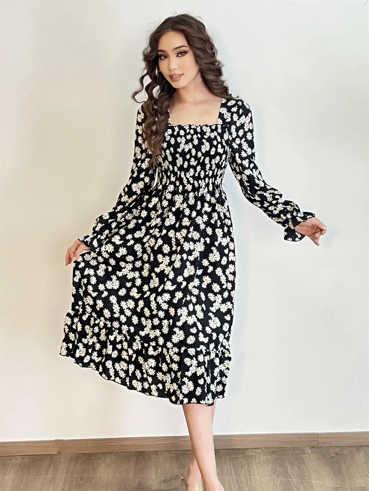 Robe décontractée en mousseline de soie pour femme, manches longues, coupe trapèze, imprimé floral, élastique sur la poitrine, lacets, mi-longue, automne et printemps