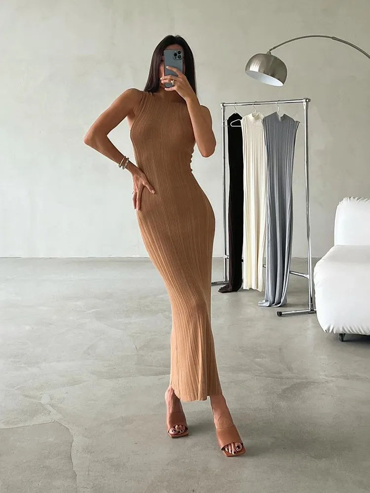 Robe longue moulante à rayures de couleur unie pour femme, sans manches, col roulé et demi-manches
