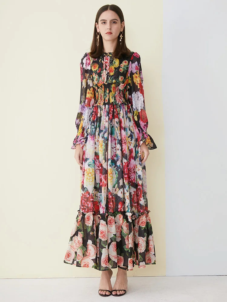 Robe d'été élégante à imprimé floral pour femme, manches longues, en mousseline de soie, col à volants, taille élastiquée, coupe trapèze.