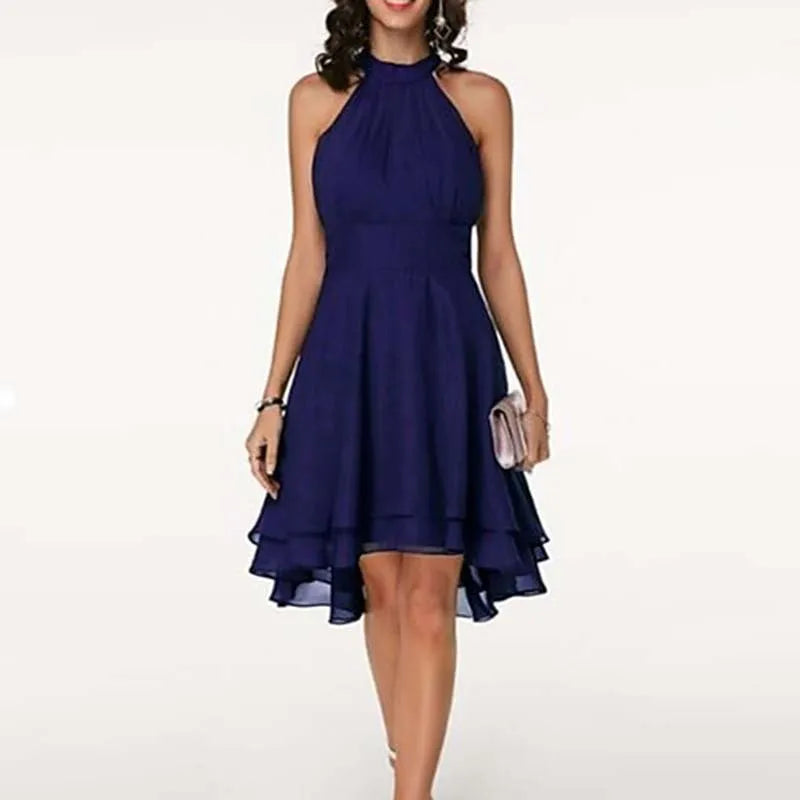 Robe d'été élégante pour femme, couleur unie, taille haute, col licou, sans manches, mi-longue, courte, superposée, en mousseline, tenue de soirée ajustée