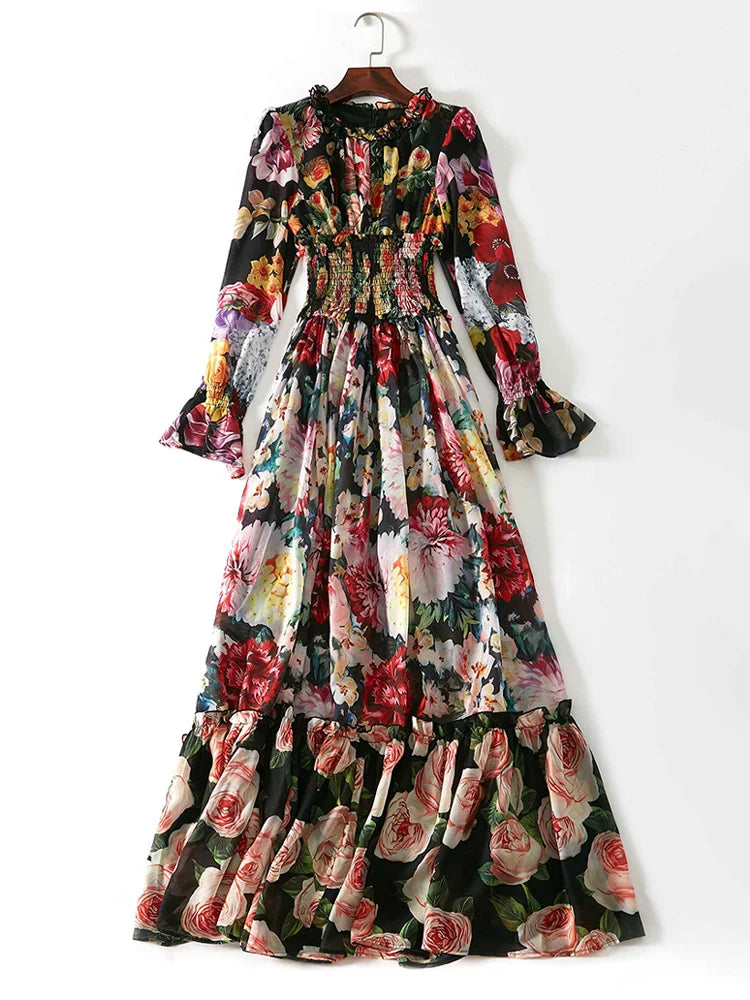 Robe d'été élégante à imprimé floral pour femme, manches longues, en mousseline de soie, col à volants, taille élastiquée, coupe trapèze.