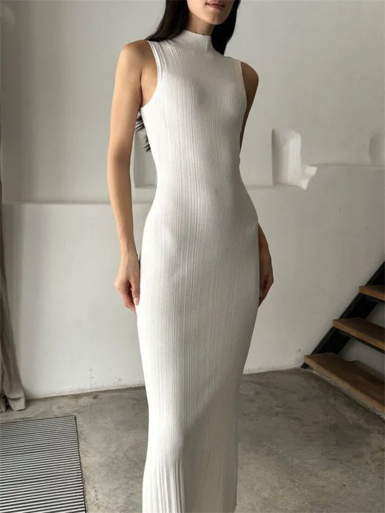 Robe longue moulante à rayures de couleur unie pour femme, sans manches, col roulé et demi-manches