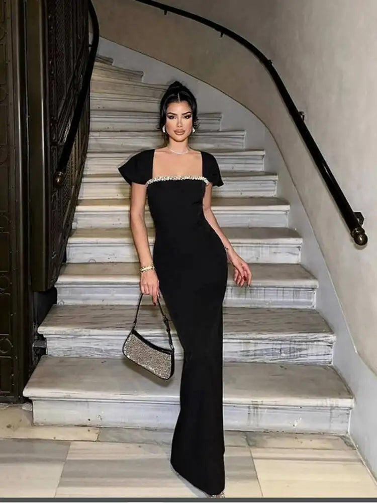 Robe moulante à manches courtes et col carré pour femme, tenue de soirée longue à motif diamants, longueur au sol, style célébrité