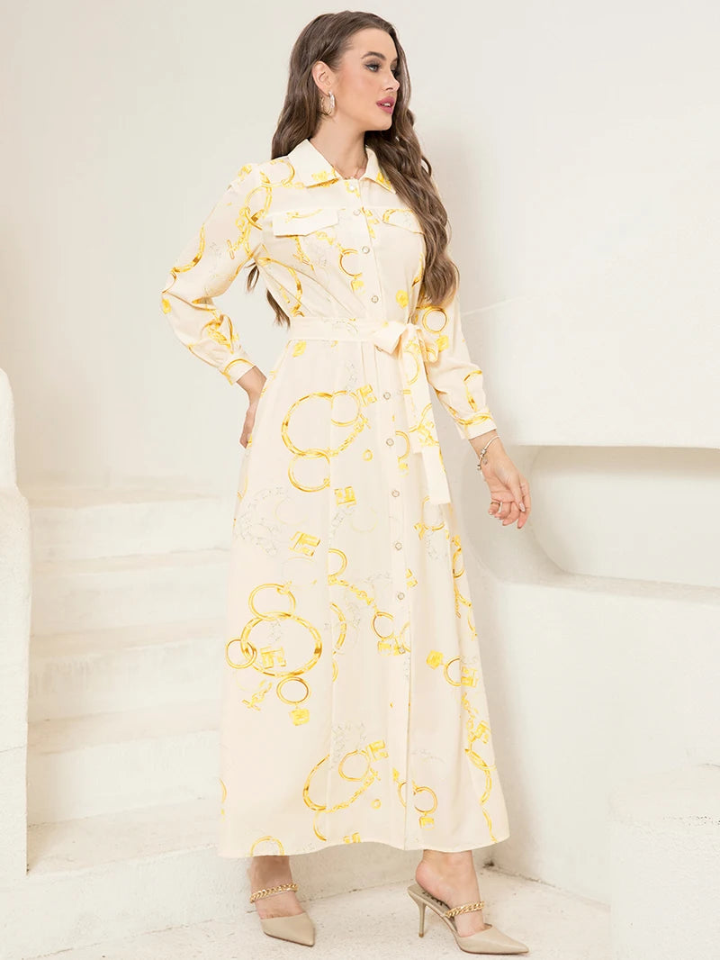 Robe chemise élégante à manches longues avec imprimé chaîne, ceinture et poche - Col sophistiqué, détails boutonnés
