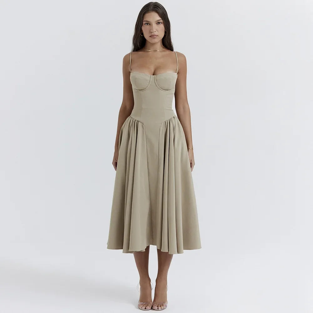 Robe mi-longue élégante à bretelles spaghetti Suninheart, coupe trapèze, tenue de soirée, bleu marine, décontractée, pour anniversaire et vacances, vêtements pour femmes