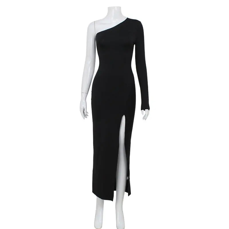 Ahagaga Party Fashion Sexy Solid Women Maxi Dresses Une Épaule Manches Longues Regular Casual High Split Slim Sheath Vestidos Robe