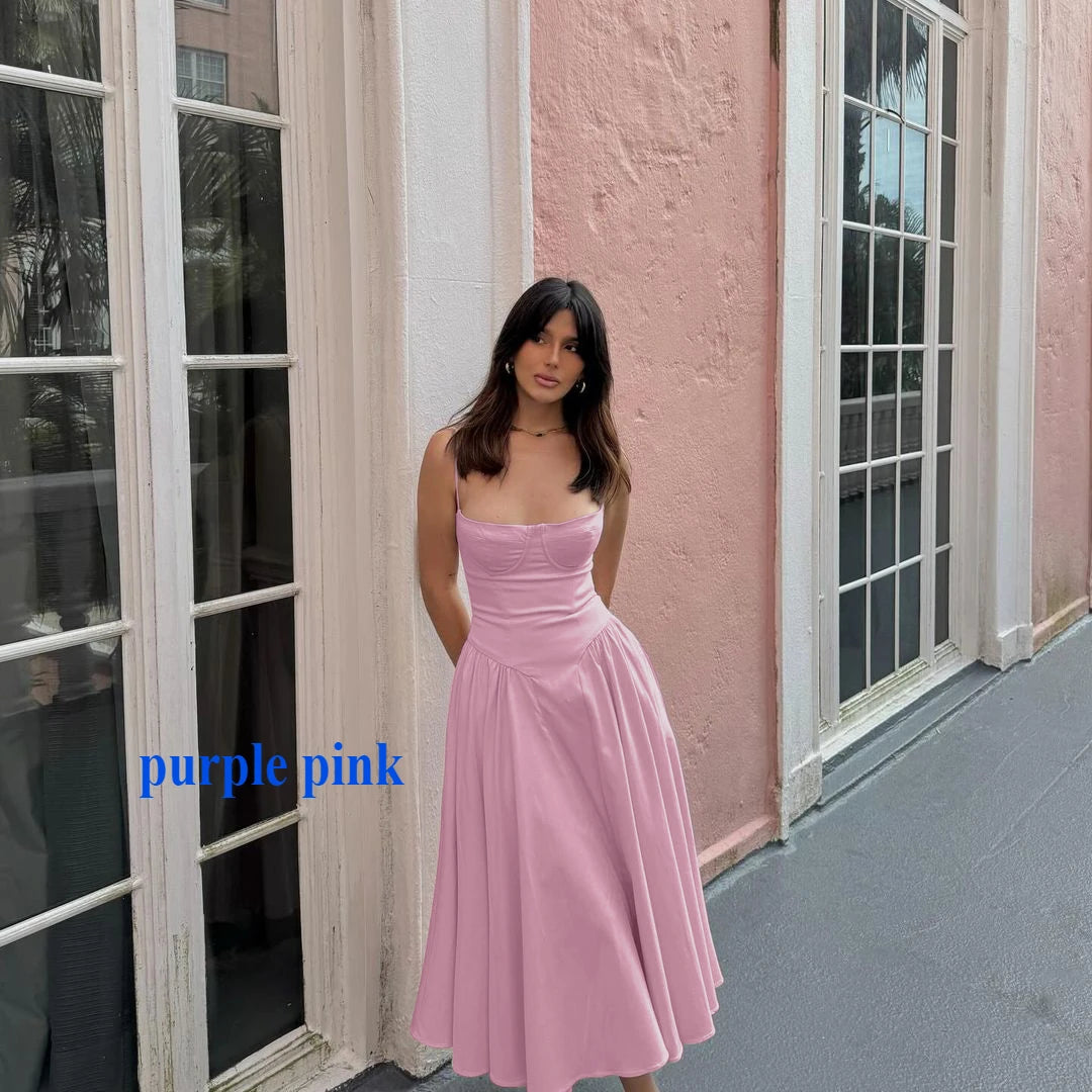 Robe mi-longue élégante à bretelles spaghetti Suninheart, coupe trapèze, tenue de soirée, bleu marine, décontractée, pour anniversaire et vacances, vêtements pour femmes