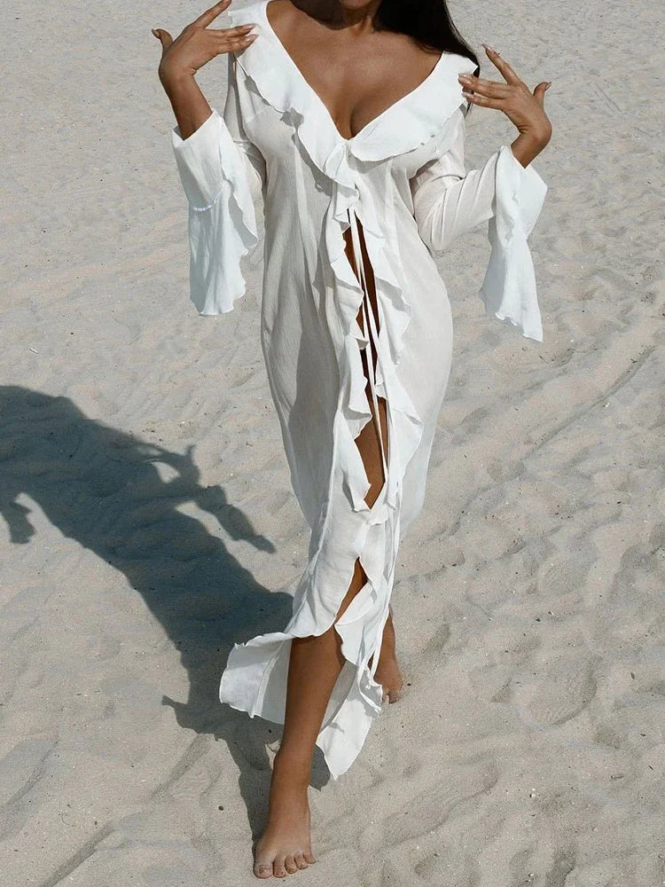 Robe de plage chic à volants pour femme, col en V, manches longues, lacets, été 2024, paréo tendance A3087