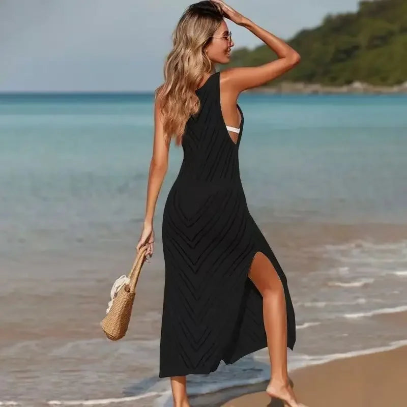 Robe longue d'été en tricot pour femme, tenue de plage sexy, col en U, ajourée, maille transparente, décontractée, slim