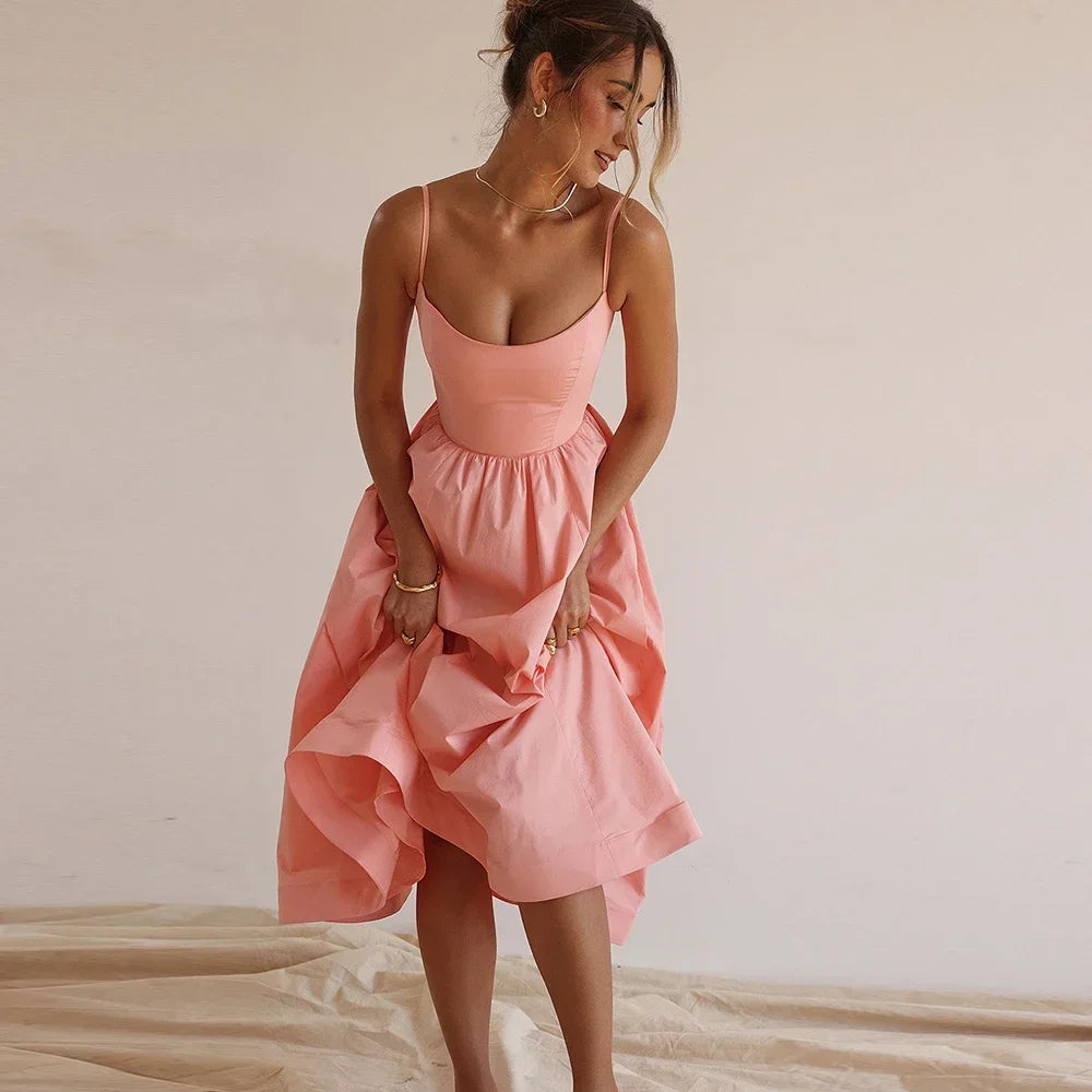 2025 Robes pour femmes Rose Élégante et Jolie Midi Blanc Robe de Vacances Spaghetti Strap Robe de Plage A Ligne Robes de Soirée