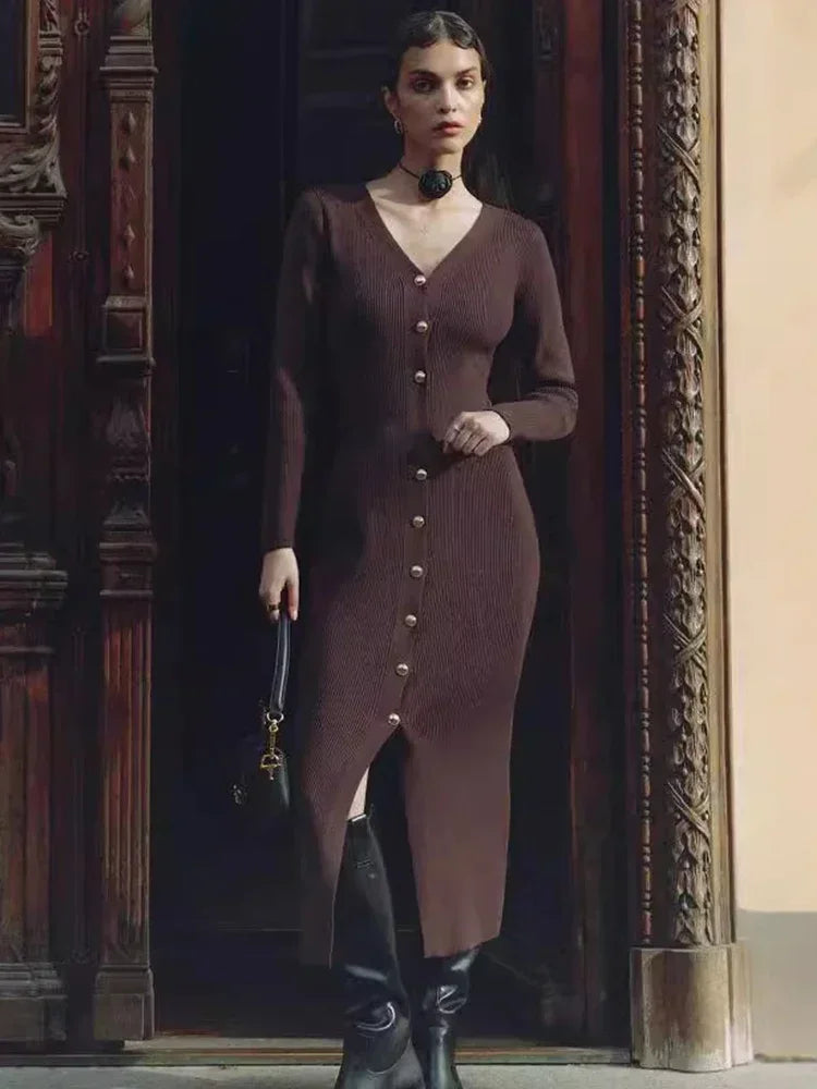 Robe de soirée élégante Trendix pour femmes, col en V, manches longues, patchwork, boutons, fente, pull, automne-hiver 2024, robe longue en tricot