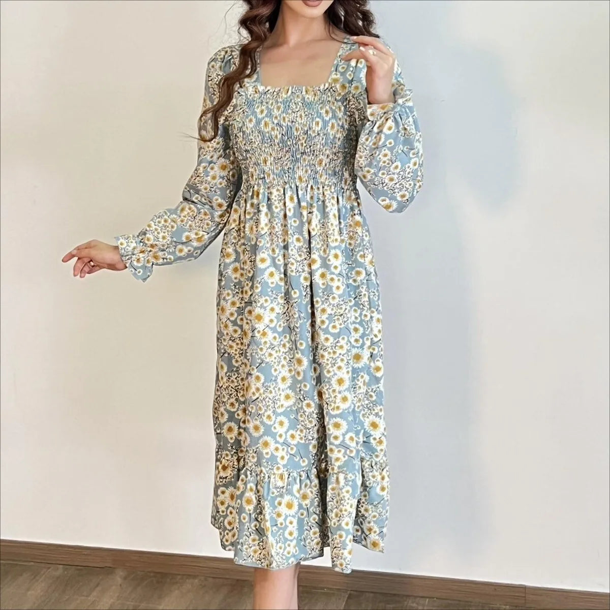 Robe décontractée en mousseline de soie pour femme, manches longues, coupe trapèze, imprimé floral, élastique sur la poitrine, lacets, mi-longue, automne et printemps