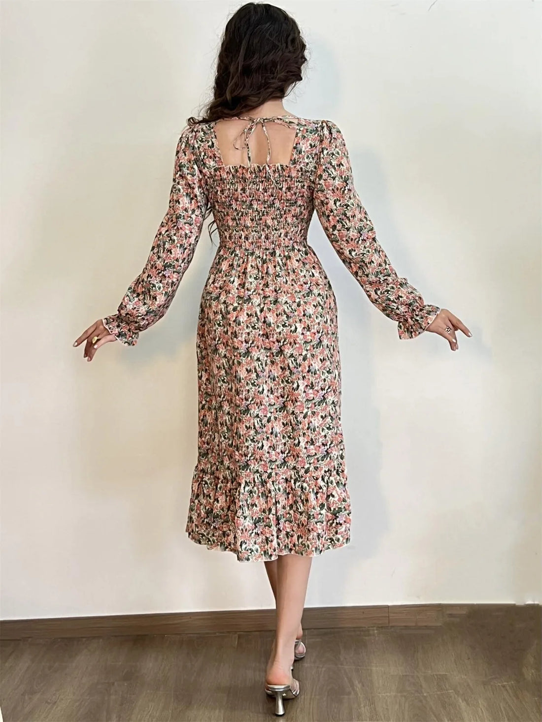 Robe décontractée en mousseline de soie pour femme, manches longues, coupe trapèze, imprimé floral, élastique sur la poitrine, lacets, mi-longue, automne et printemps