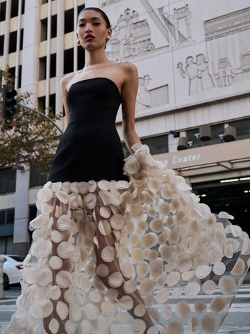 Robe tutu sans manches en tulle pour femme, épaules dénudées, couleur unie, dentelle à pois 3D, coupe trapèze, style féerique, idéale pour une soirée de luxe