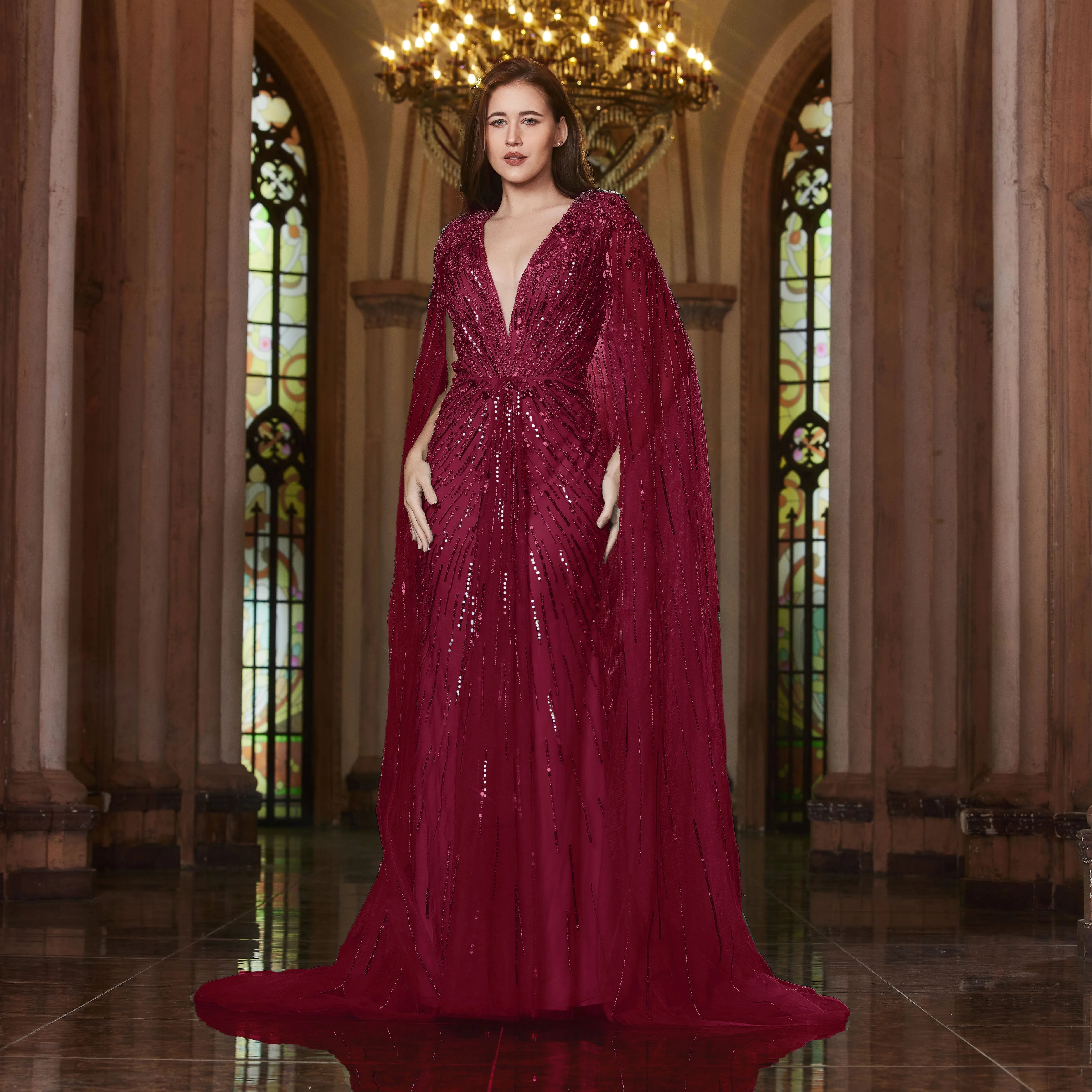 Robe de soirée luxueuse Alice CollectionPro vert sauge pour femme 2025 avec manches cape, robe de mariée longue champagne sur mesure