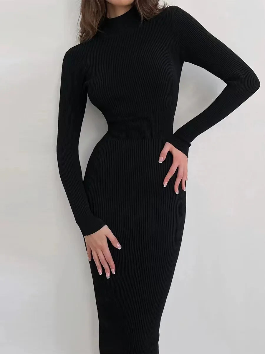 Robe mi-longue moulante à manches longues pour femme, nouvelle collection automne 2024, tricot, col roulé, élégante, couleur unie, slim
