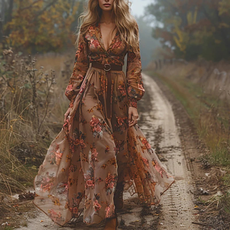 Robe longue plissée taille haute à imprimé vintage pour femme, décontractée, col en V, style bohème, manches longues, collection automne 2024
