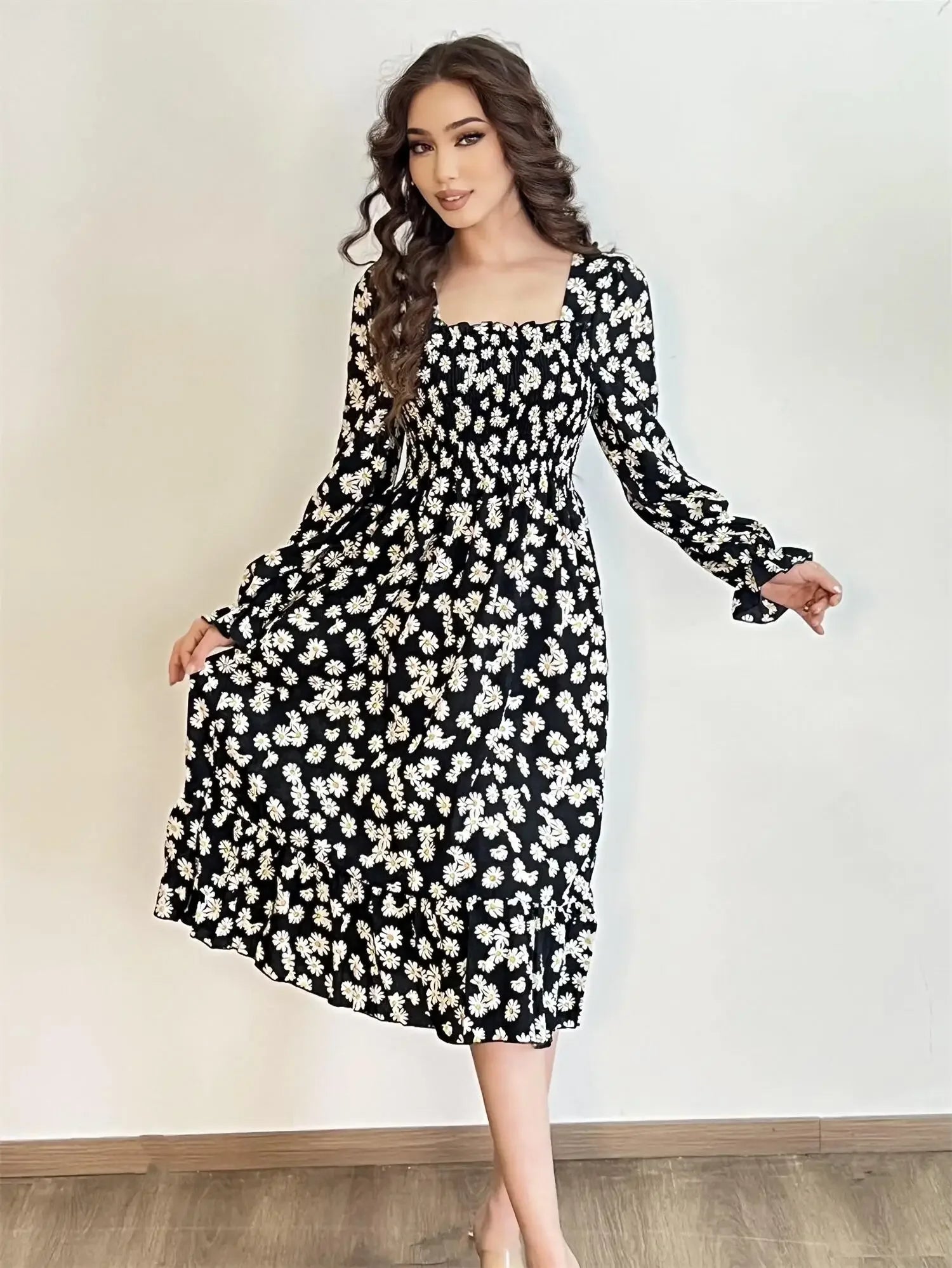 Robe décontractée à manches longues pour femmes, en mousseline de soie, automne et printemps, coupe trapèze, imprimé floral, élastique sur la poitrine, lacets, mi-longue