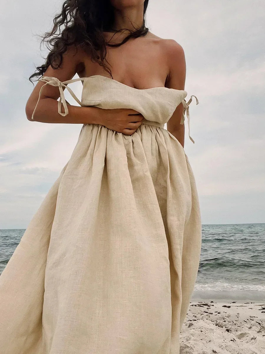 Bornladies Printemps Été Plage Style Femmes Robe Vintage Lâche A-ligne Sling Robe Sexy Fille Chaude 100% Coton Col V Robe