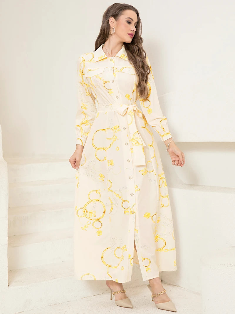 Robe chemise élégante à manches longues avec imprimé chaîne, ceinture et poche - Col sophistiqué, détails boutonnés