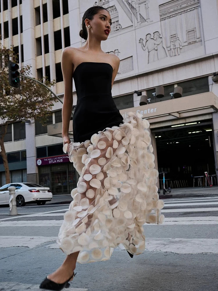 Robe tutu sans manches en tulle pour femme, épaules dénudées, couleur unie, dentelle à pois 3D, coupe trapèze, style féerique, idéale pour une soirée de luxe