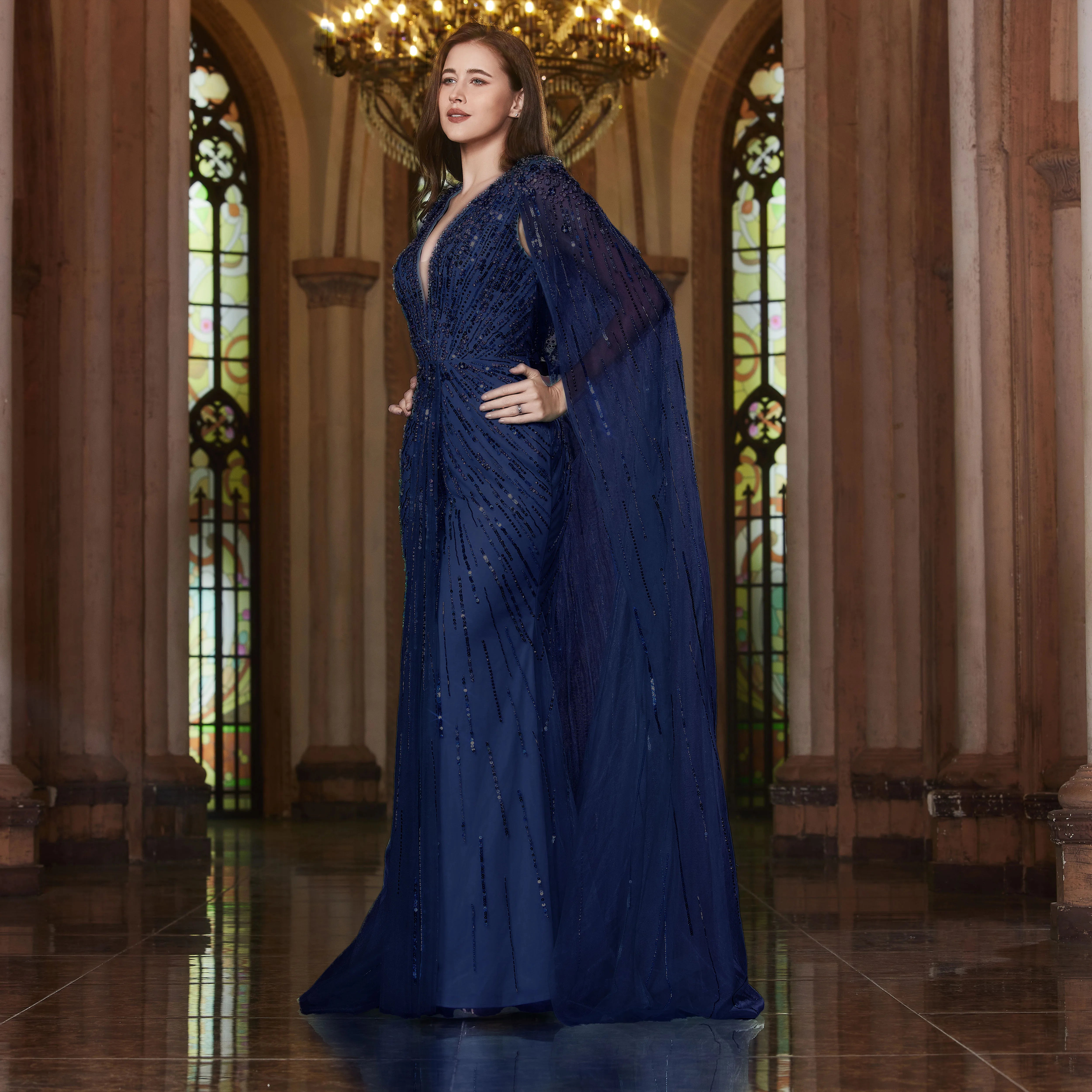 Robe de soirée luxueuse Alice CollectionPro vert sauge pour femme 2025 avec manches cape, robe de mariée longue champagne sur mesure