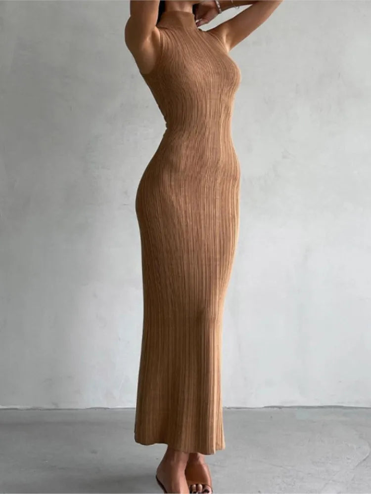 Robe longue moulante à rayures de couleur unie pour femme, sans manches, col roulé et demi-manches