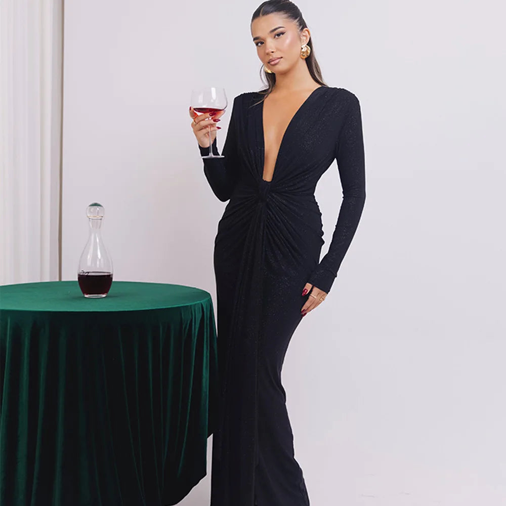 Robe longue pailletée à décolleté plongeant pour femme, élégante robe de soirée moulante à manches longues et fronces, style club, sexy