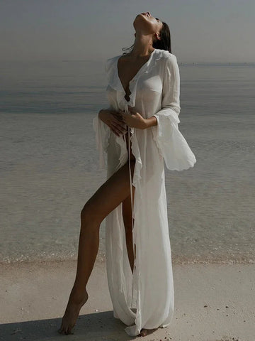 Robe de plage chic à volants pour femme, col en V, manches longues, lacets, été 2024, paréo tendance A3087